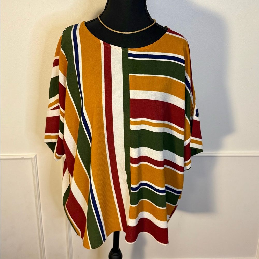 Sz Large Abstract Stripped Short Sleeve Top, Boho, Earth tones, Relaxed, Y2K